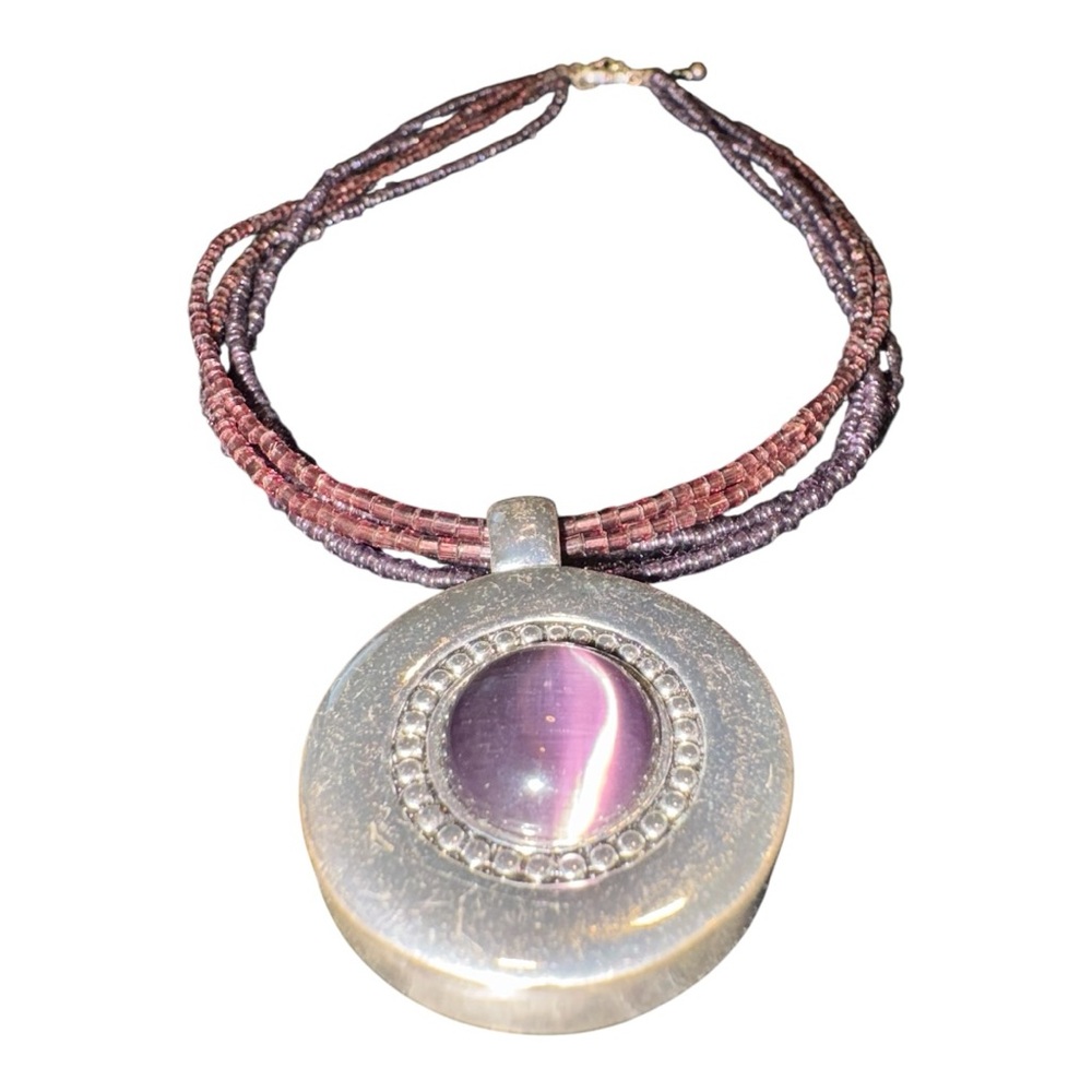 Purple Beaded Multi-Strand Necklace with Large Round Cat’s Eye Pendant JB8
